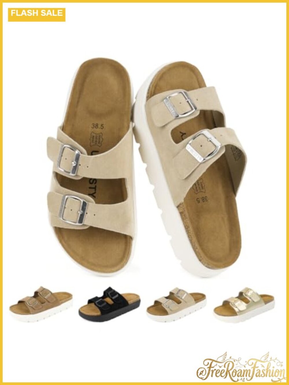 Suede Platform Clogs Women Cork Footbed Slide Sandals Adjustable Buckle